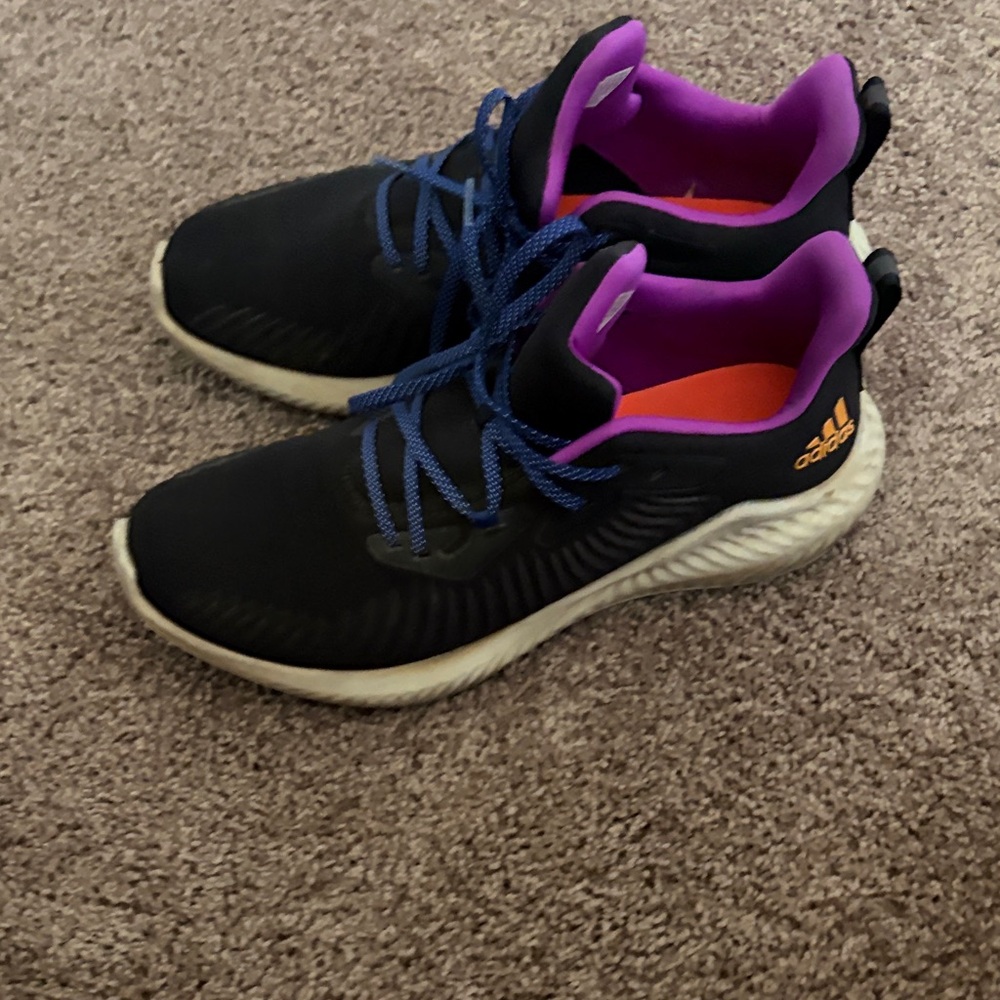 adidas Black Athletic Shoes with Purple Lining and Blue Laces